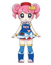 堀江タコスロ墨（CV：東山奈央）。パチスロ機「タコスロ」が変身した女の子。たこ焼き屋台を営みながらも、自分が撮ったネタ動画がバズる日を夢見て今日もスベリ続けるお笑い系スロ娘。