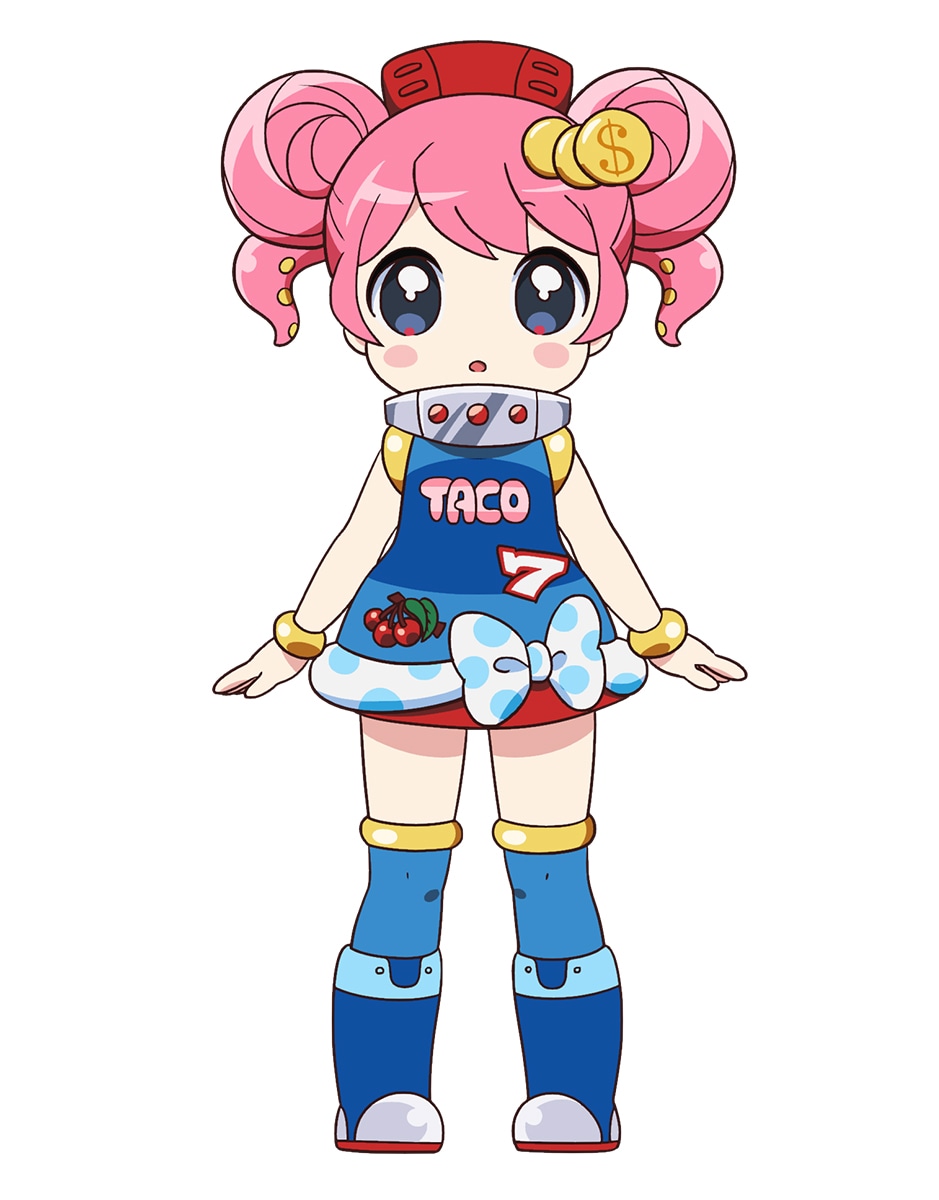 堀江タコスロ墨（CV：東山奈央）。パチスロ機「タコスロ」が変身した女の子。たこ焼き屋台を営みながらも、自分が撮ったネタ動画がバズる日を夢見て今日もスベリ続けるお笑い系スロ娘。