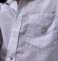 「フルーツゴマちゃんマグネットブローチ」の使用イメージ。