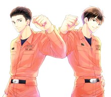 岩本照（左）と蛯原恭介（右）の描き下ろしイラスト。