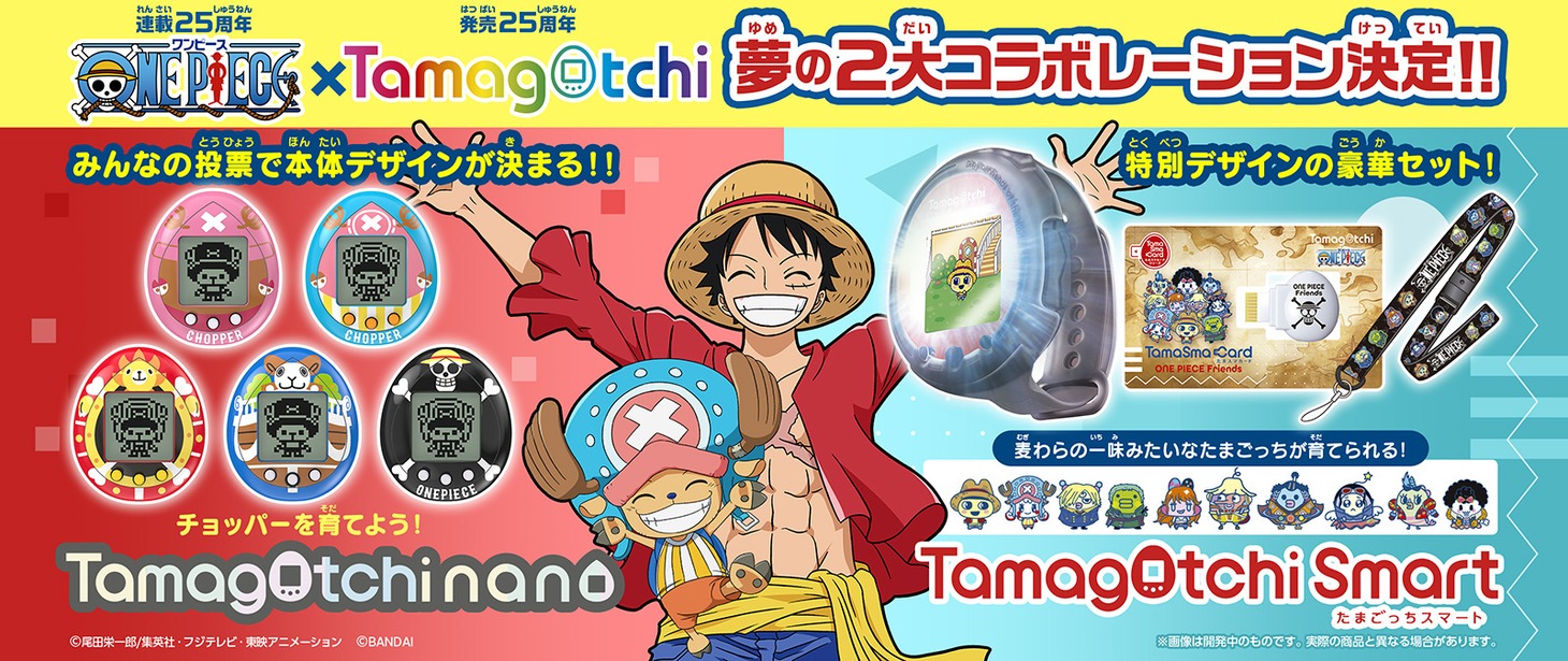 アニメ「ONE PIECE」と、「たまごっち」シリーズのコラボレート告知画像。
