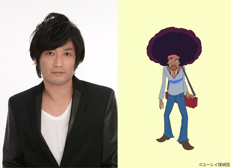 左からハンク役の佐藤せつじ、ハンクのキャラクター設定画。