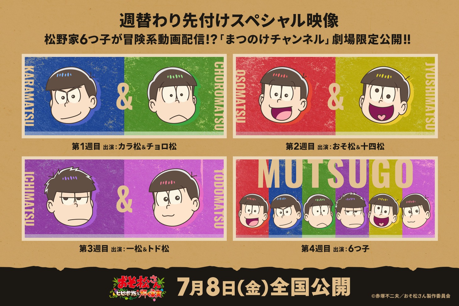 アニメ「おそ松さん～ヒピポ族と輝く果実～」週替わり先付け映像の組みあわせ一覧。