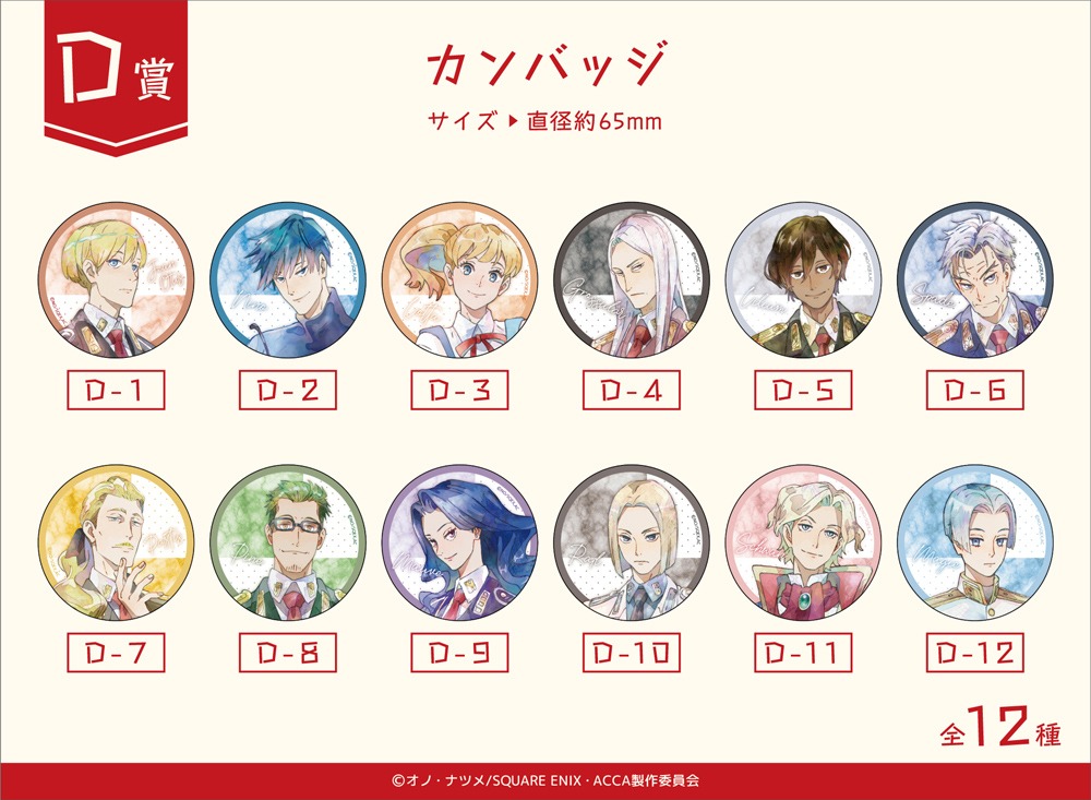 D賞のカンバッジ。 (c)オノ・ナツメ/SQUARE ENIX・ACCA製作委員会
