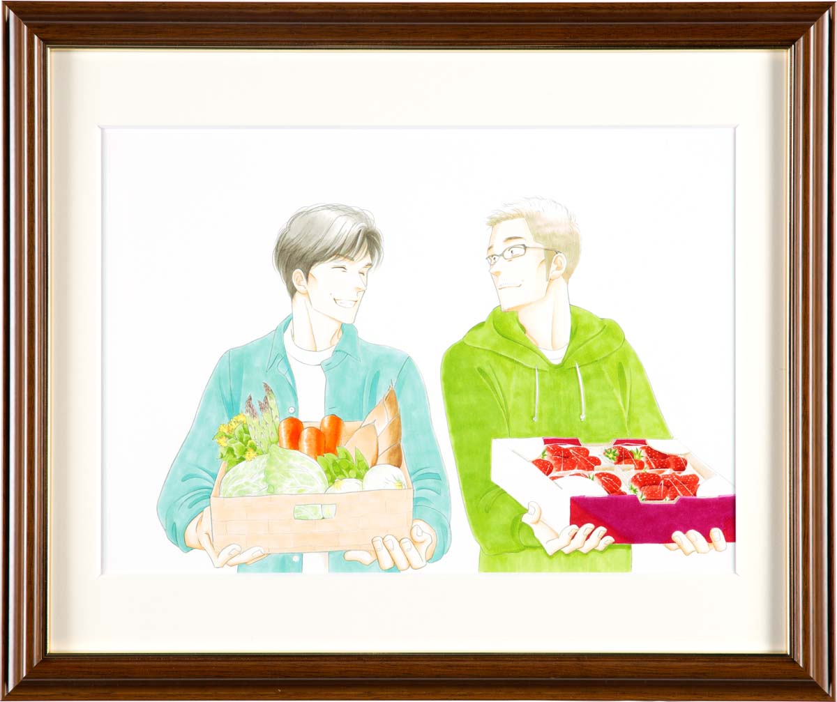 「よしながふみ『きのう何食べた？』複製原画12選」の額装見本。
