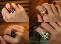 左上から時計回りに「もののけ姫 3連リング サンのお面」「もののけ姫 3連リング ヤックル」「もののけ姫 3連リング コダマ」「もののけ姫 タタリング」。