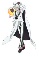 ニコライ・G（CV：子安武人）。「天人五衰」の構成員で、変装が得意。おどけた態度と非道な振る舞いにより、向き合う者を恐怖へいざなう。人が驚く顔、そして自由を愛する。「道化師」と呼ばれて いる。フョードルを、唯一の理解者にして親友としている。能力名：外套。