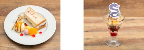 左から「隠し味は『もちろん 企業秘密です』 蔵馬のスイーツサンド」、「飛影の『巻き方は忘れちまった』炎殺黒龍波パフェ」。