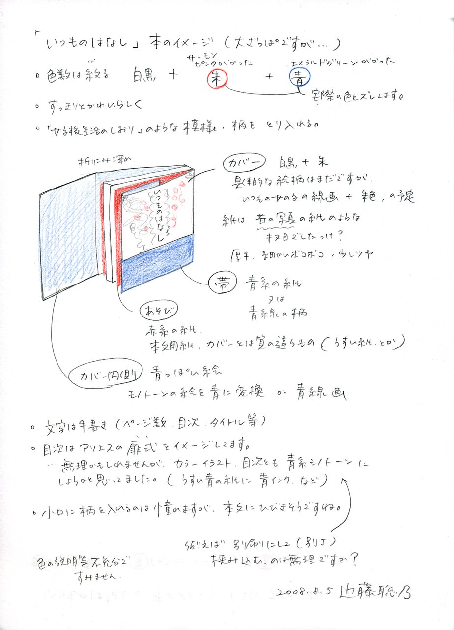 単行本のデザインにあたり近藤が描いたラフ。「昔の写真のような」と使用する紙のイメージがこの時点で指定されている。