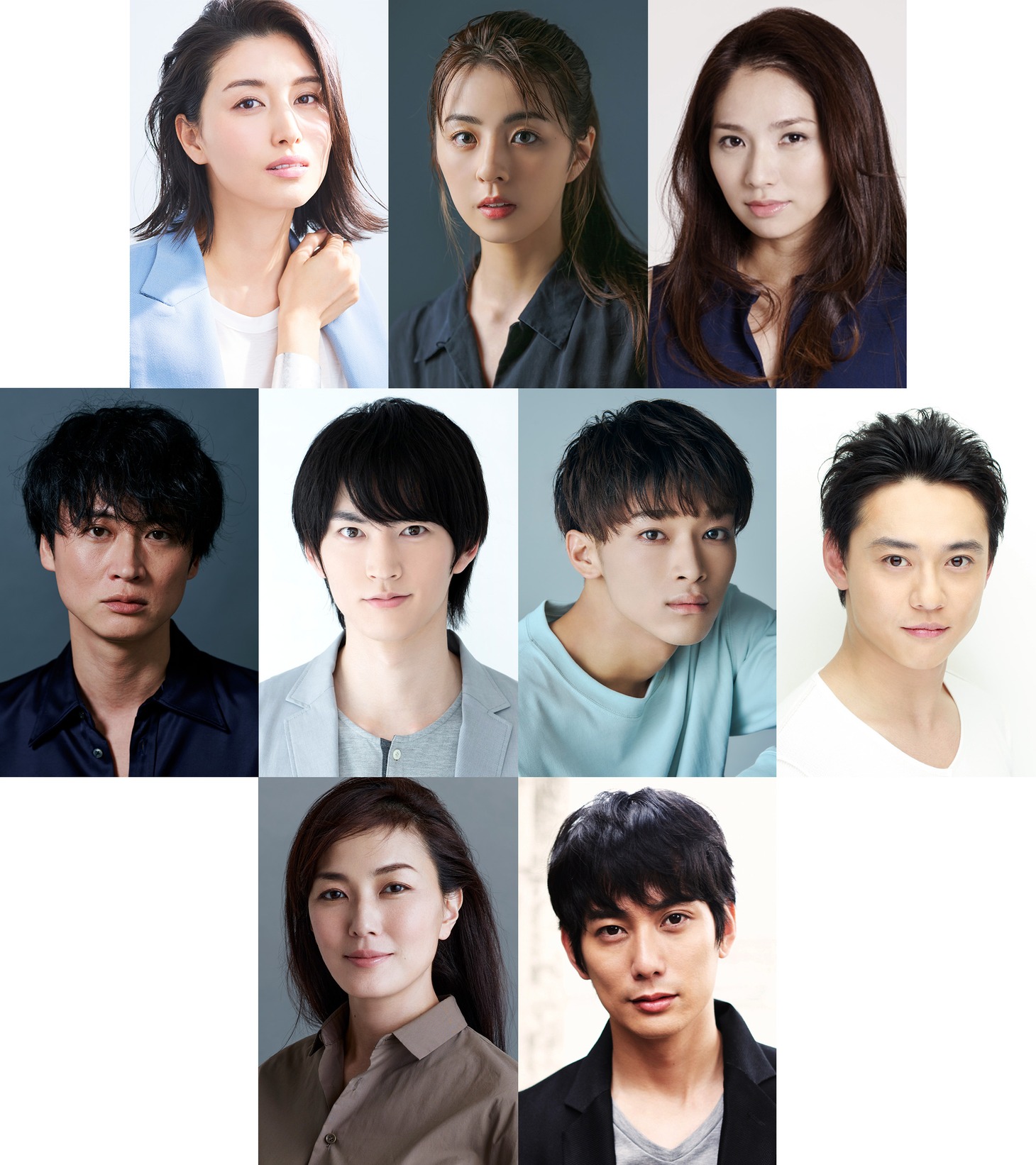 上段左より橋本マナミ、柳ゆり菜、野波麻帆。中断左より黄川田雅哉、和田雅成、松本怜生、石垣佑磨。下段左より、板谷由夏、平岡祐太。