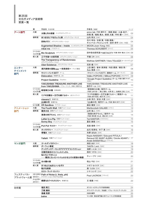 第25回文化庁メディア芸術祭の受賞作品一覧。（文化庁メディア芸術祭実行委員会の資料より）