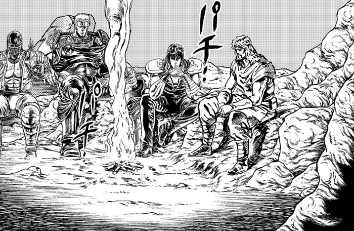 「北斗の拳」より、北斗4兄弟がキャンプしているようなビジュアル。