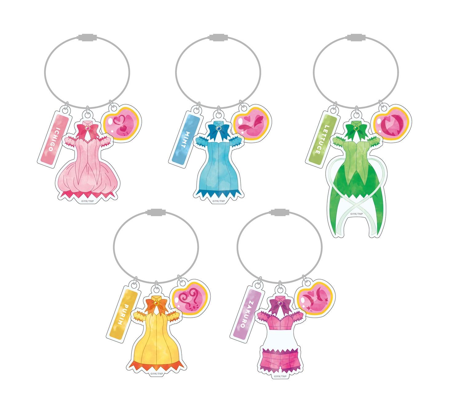 「東京ミュウミュウ にゅ～♡」Blu-ray第2巻のきゃにめ限定特典となるバトルコスチューム絵柄アクリルチャーム5種セット。