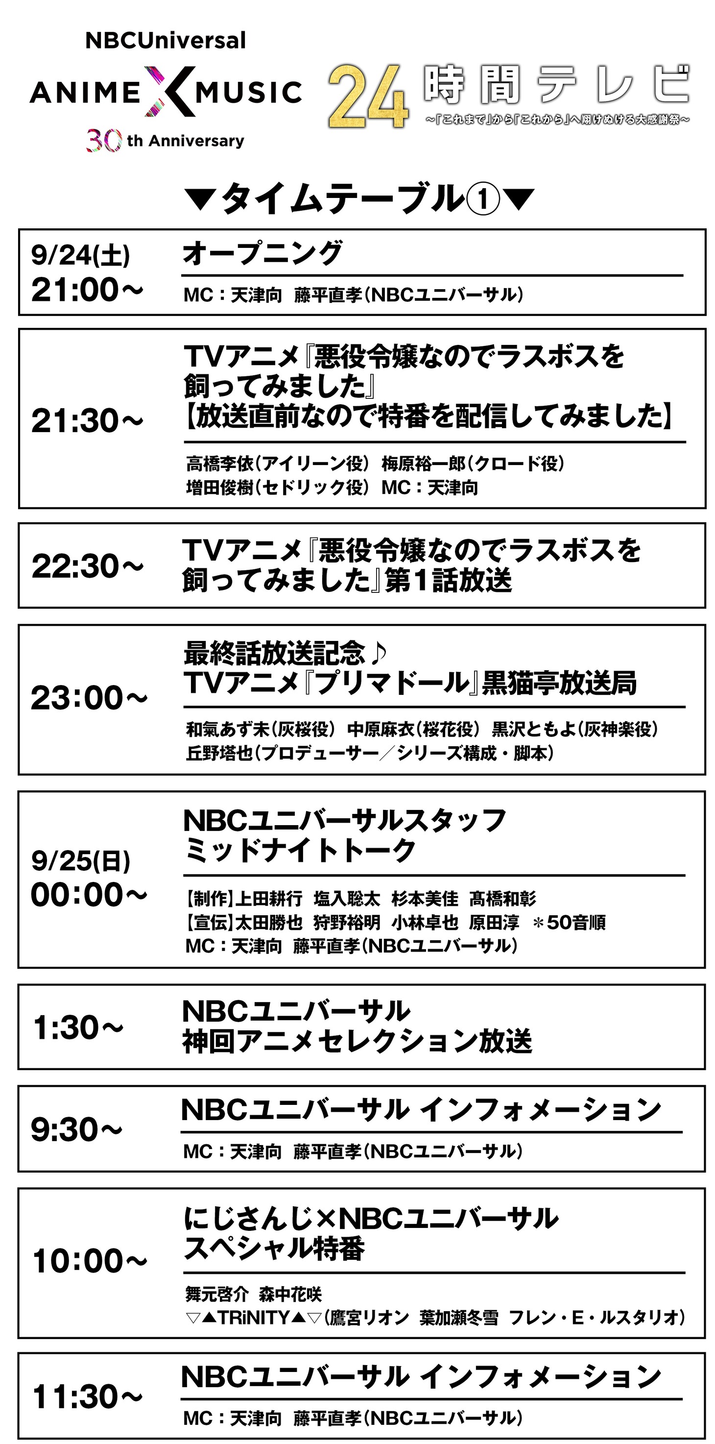 「NBCUniversal Anime×Music 30周年24時間テレビ～『これまで』から『これから』へ翔けぬける大感謝祭～」より、9月24日のタイムテーブル。
