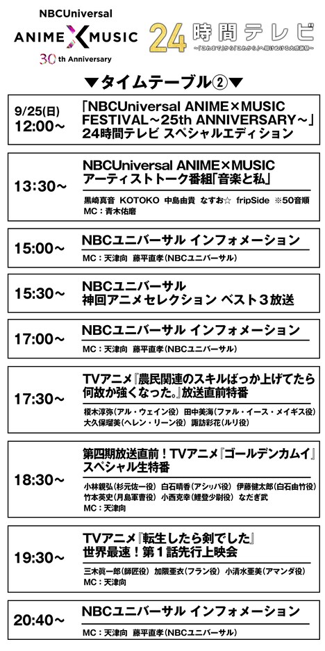 「NBCUniversal Anime×Music 30周年24時間テレビ～『これまで』から『これから』へ翔けぬける大感謝祭～」より、9月25日のタイムテーブル。