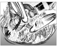 「ダンダダン」4巻24話より、セルポドーバーデーモンネッシー戦にてモモが水を超能力でえぐるシーン。(c)龍幸伸／集英社