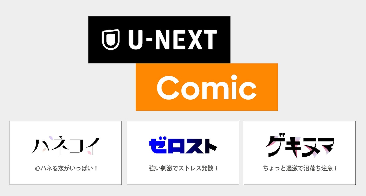 U-NEXT、U-NEXT Comic、ハネコイ、ゼロスト、ゲキヌマの構成図。