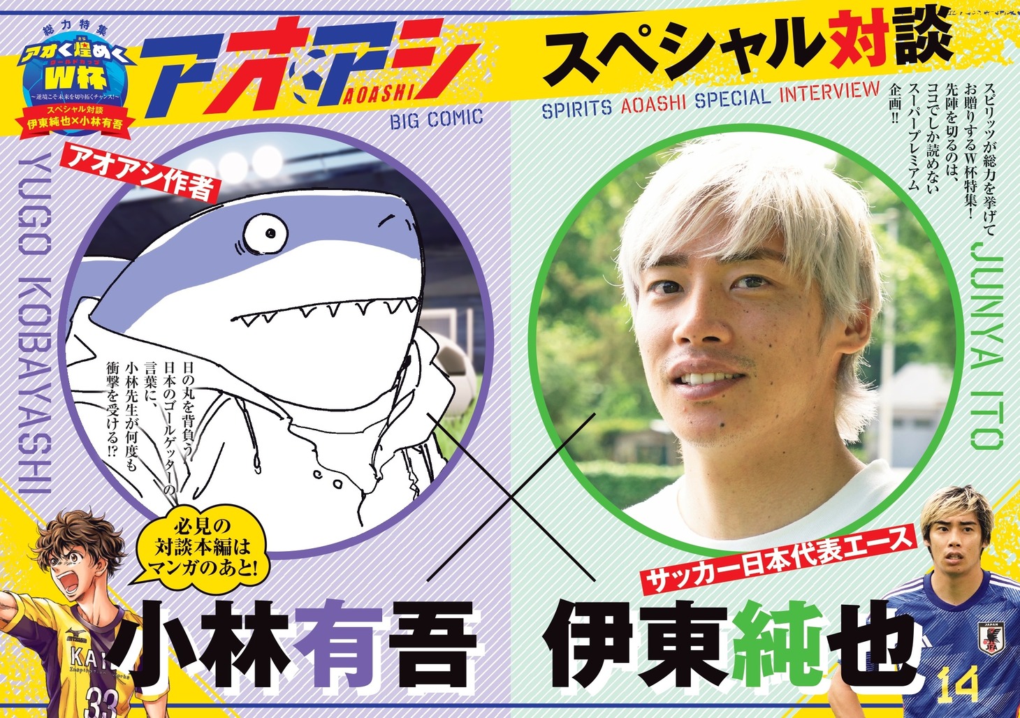 週刊ビッグコミックスピリッツ50号には「アオアシ」の小林有吾と日本代表選手の伊東純也選手による対談が掲載されている。