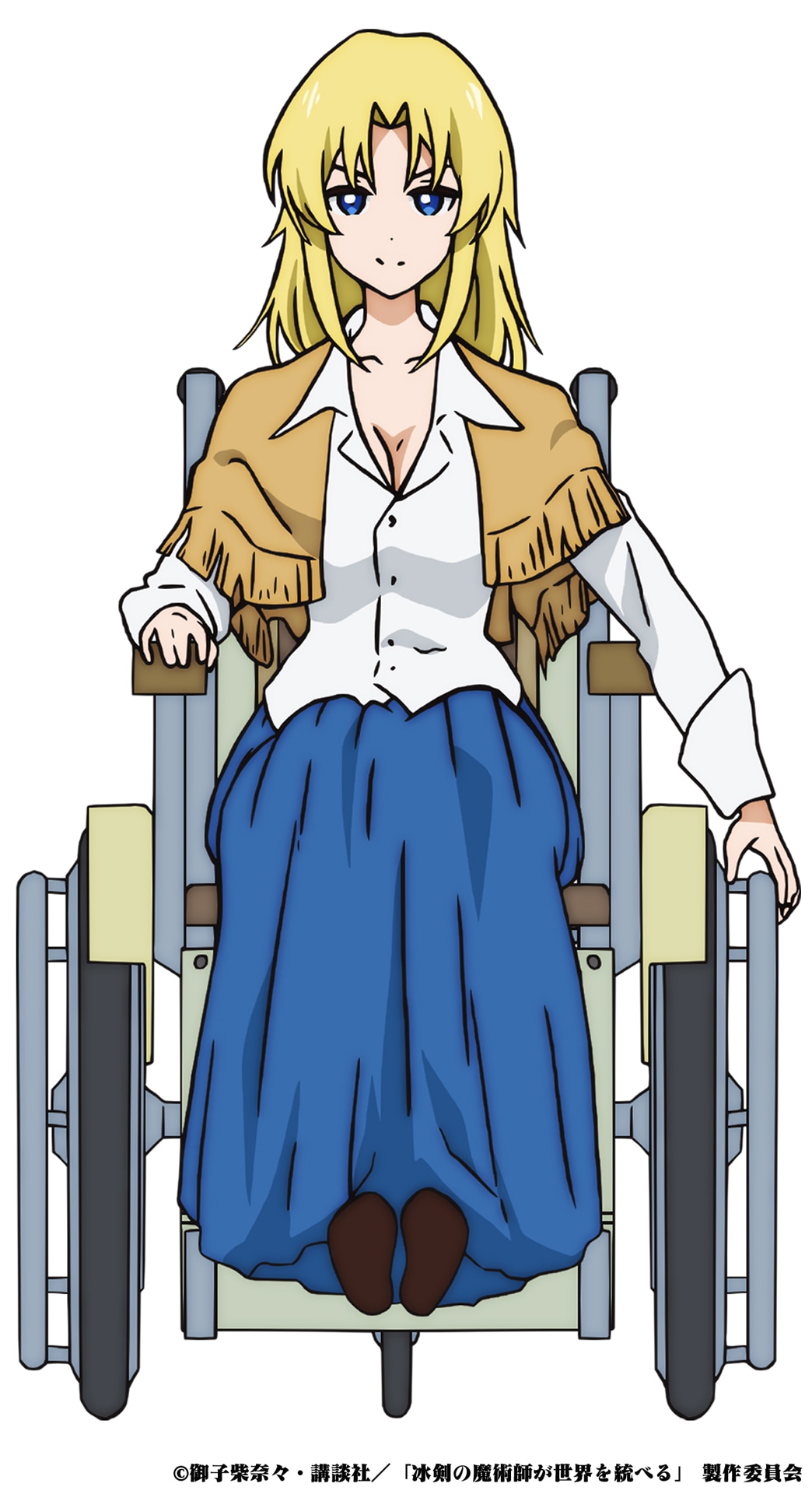 リディア＝エインズワース（CV：種崎敦美）。先代“冰剣の魔術師”でレイの師匠。数年前に起こった戦争・極東戦役では戦線を牽引していたが、その戦い終盤に負傷。下半身が麻痺してしまい、現在は車椅子で隠居生活をしている。弟子であるレイのことを溺愛しており、学院で青春を謳歌する彼のことを一喜一憂しながら見守っている。(c)御子柴奈々・講談社／「冰剣の魔術師が世界を統べる」 製作委員会