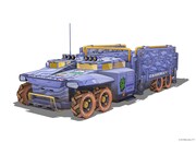 キャリアの設定画。クレイドルコフィンや採掘資源などを輸送するための車両。個人所有の車両もあれば、チーム共有車両もある。入口部分にはブルーシストを除去するためのエアロックシャワーがあり、車両内には長期滞在可能な居住スペースと格納整備スペースがある。