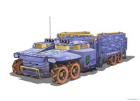 キャリアの設定画。クレイドルコフィンや採掘資源などを輸送するための車両。個人所有の車両もあれば、チーム共有車両もある。入口部分にはブルーシストを除去するためのエアロックシャワーがあり、車両内には長期滞在可能な居住スペースと格納整備スペースがある。