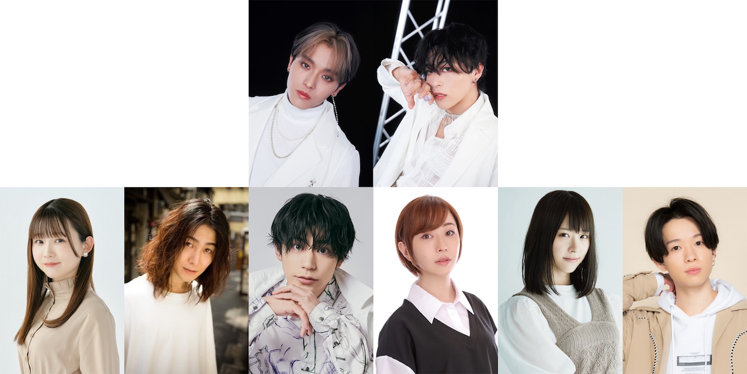 舞台「ラストアンコール～死者の夜明け～」メインキャスト。上段左からKOSHIN、MINATO。下段左から熊沢世莉奈、久下恭平、阿部快征、西尾まう、花奈澪、野口準。