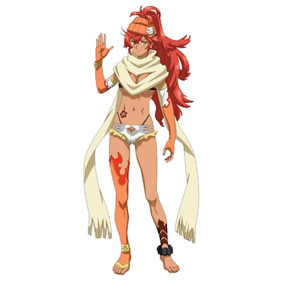 アグニ（CV：大地葉）。神界に住まう豪快な火の女神。好戦的で勝ち気な性格。異世界の酒にも興味がある。 (c)江口連・オーバーラップ／MAPPA／とんでもスキル