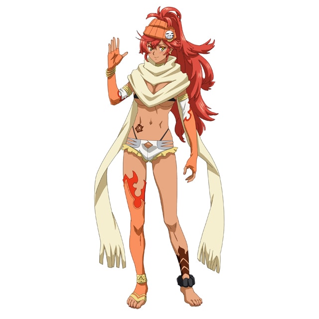 アグニ（CV：大地葉）。神界に住まう豪快な火の女神。好戦的で勝ち気な性格。異世界の酒にも興味がある。 (c)江口連・オーバーラップ／MAPPA／とんでもスキル