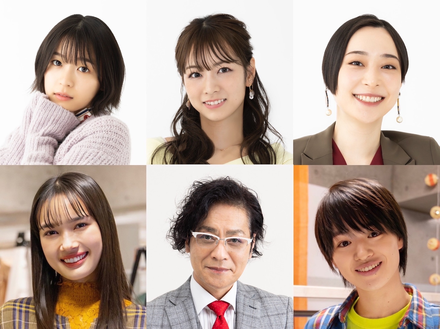 上段左から鳴海唯扮する常盤舞子、北野日奈子扮する桃井亜里沙、大谷麻衣扮する高円寺エリカ。下段左から新井舞良扮する薄井京香、山崎銀之丞扮する紺野悟、大倉空人扮する黄文革。