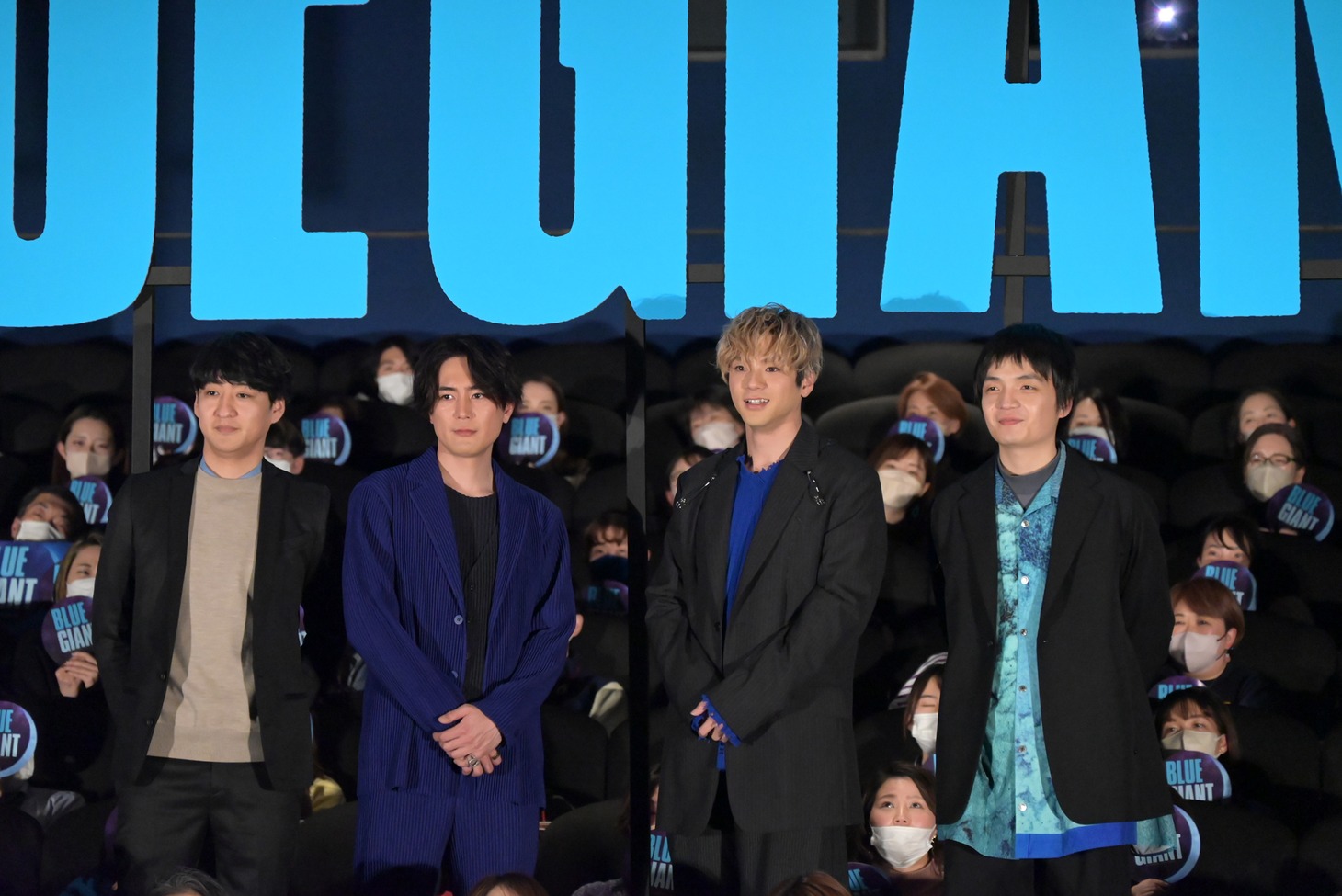 「BLUE GIANT」の初日舞台挨拶より。左から立川譲、間宮祥太朗、山田裕貴、岡山天音。