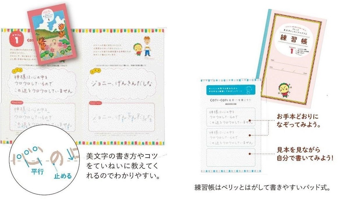 「コジコジと一緒に肩の力を抜いて楽しむ さらっと美文字レッスン」レッスンの進め方とポイント。