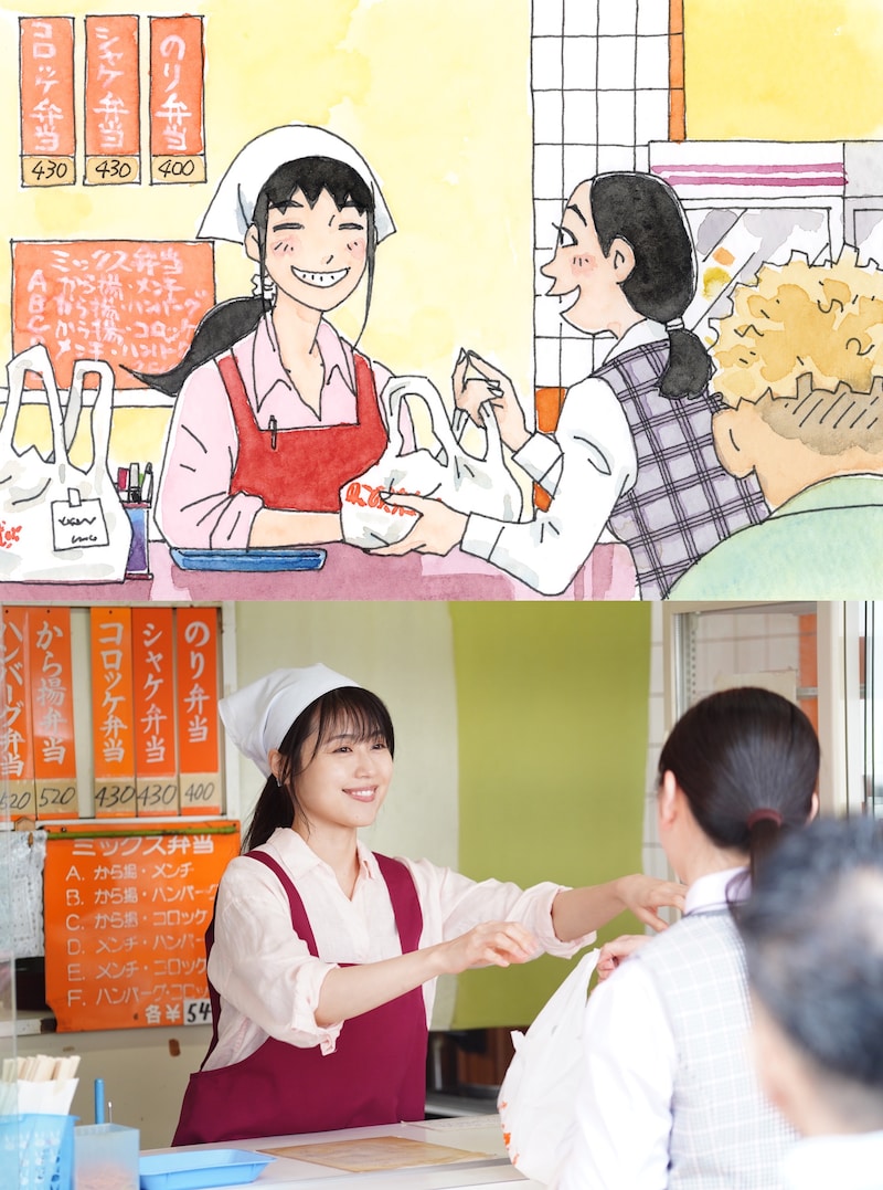 安田弘之によるちひろの描き下ろしイラストと場面写真。