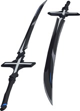 グリード（CV：関智一）。フェイトが武器屋で手に入れた黒剣の“大罪武器”。意志を持ち、読心スキルを通じてフェイトと会話することができる。口は悪いが、頼れる相棒。(c)一色一凛/マイクロマガジン社/暴食のベルセルク製作委員会