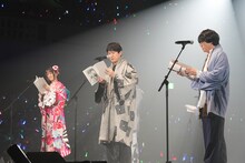 左から神楽役の釘宮理恵、坂田銀時役の杉田智和、志村新八役の阪口大助。