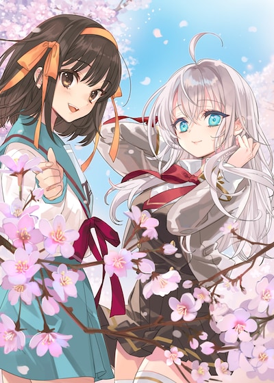 いとうのいぢによる「時々ボソッとロシア語でデレる隣のアーリャさん」と「涼宮ハルヒの憂鬱」のコラボイラスト。