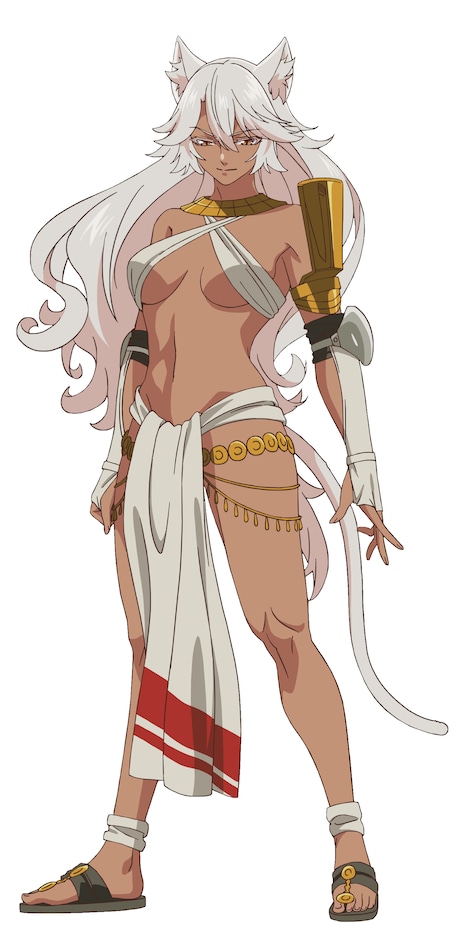 グラナート（CV：上田瞳）。“火の国”ニーダキッタの姫で、火の指輪の持ち主。種族は猫人。身体能力が非常に高く戦闘に長けているため、傭兵団の長として日々決闘に勤しんでいる。自分より強い男が好き。 (c)めいびい／SQUARE ENIX・「結婚指輪物語」製作委員会