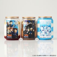 SWEETS BOX限定のケーキ缶。左から、「劇場版『名探偵コナン 黒鉄の魚影』コナンside ケーキ缶」、「劇場版『名探偵コナン 黒鉄の魚影』黒ずくめside ケーキ缶」、「劇場版『名探偵コナン 黒鉄の魚影』ティザーポスターケーキ缶」。