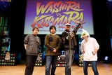 「マフィア梶田と中村悠一の『わしゃがなTV』3周年記念イベント【わしら vs きさまら】」の様子。左から安元洋貴、中村悠一、マフィア梶田、大川ぶくぶ。