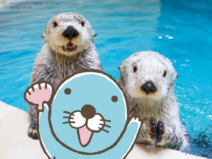 ぼのぼのとラッコのキラちゃん（左）、メイちゃん（右）。