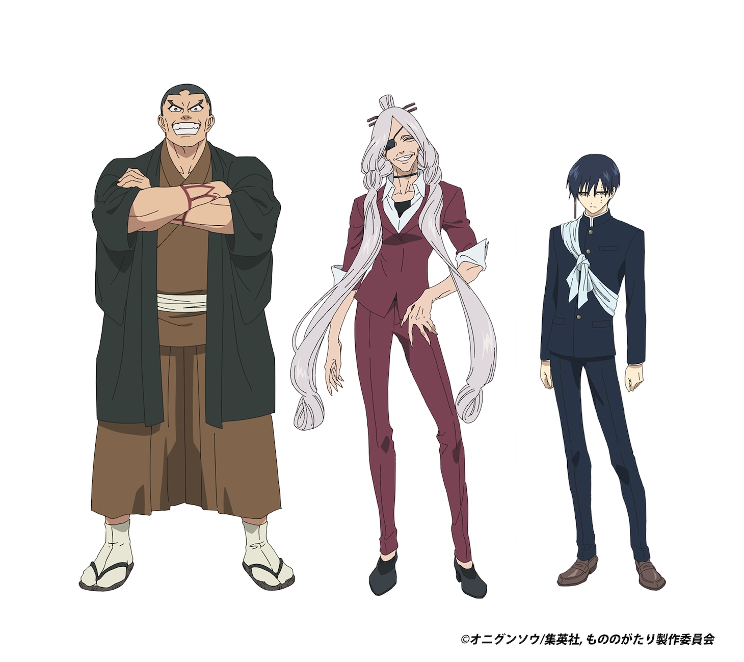 雅楽寮のキャラクタービジュアル。左から、鼓、爪弾、吹枝。(c)オニグンソウ/集英社, もののがたり製作委員会