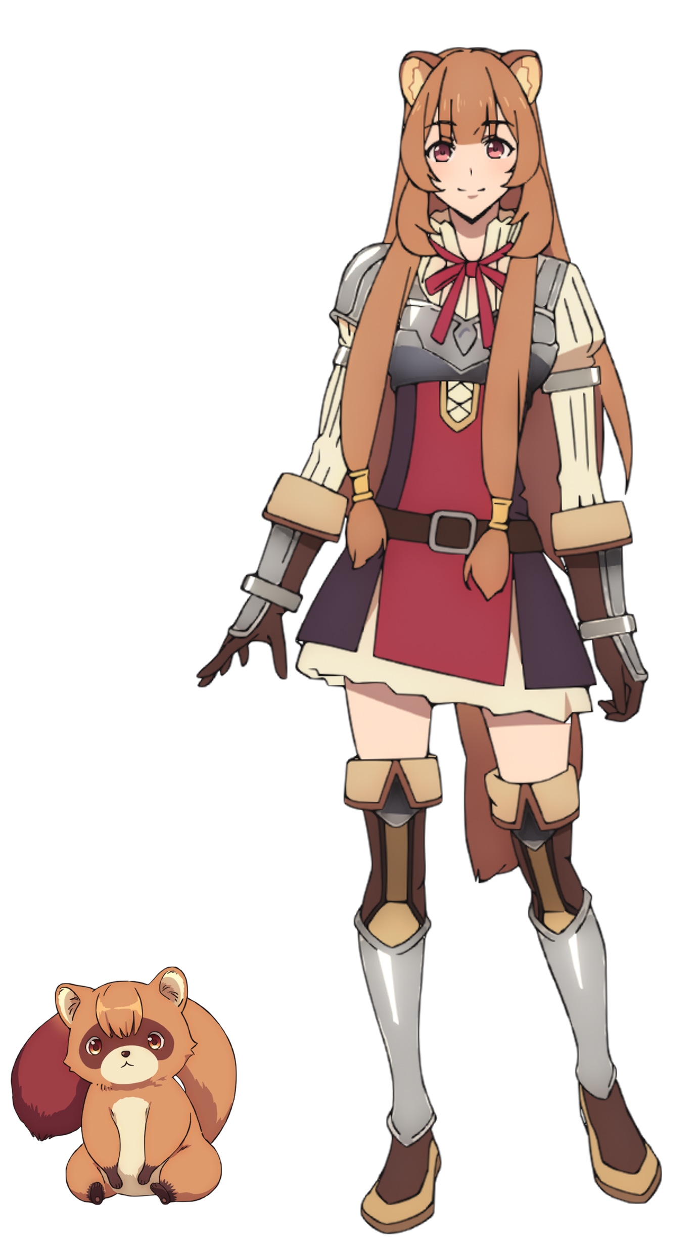 ラフタリア（CV：瀬戸麻沙美）。ラクーン種と呼ばれる亜人の少女。尚文の剣としての使命に燃えるまっすぐな少女で、お互いに厚い信頼を寄せている。別の異世界で刀の眷属器に見いだされ、刀の勇者となった。ラフちゃんはラフタリアの髪の毛を元に、尚文によってつくられた式神。