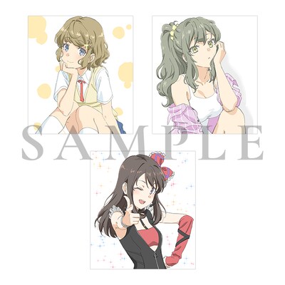 キャラクターデザイン・田村里美描き下ろしのミニ色紙（古賀朋絵、双葉理央、広川卯月）。