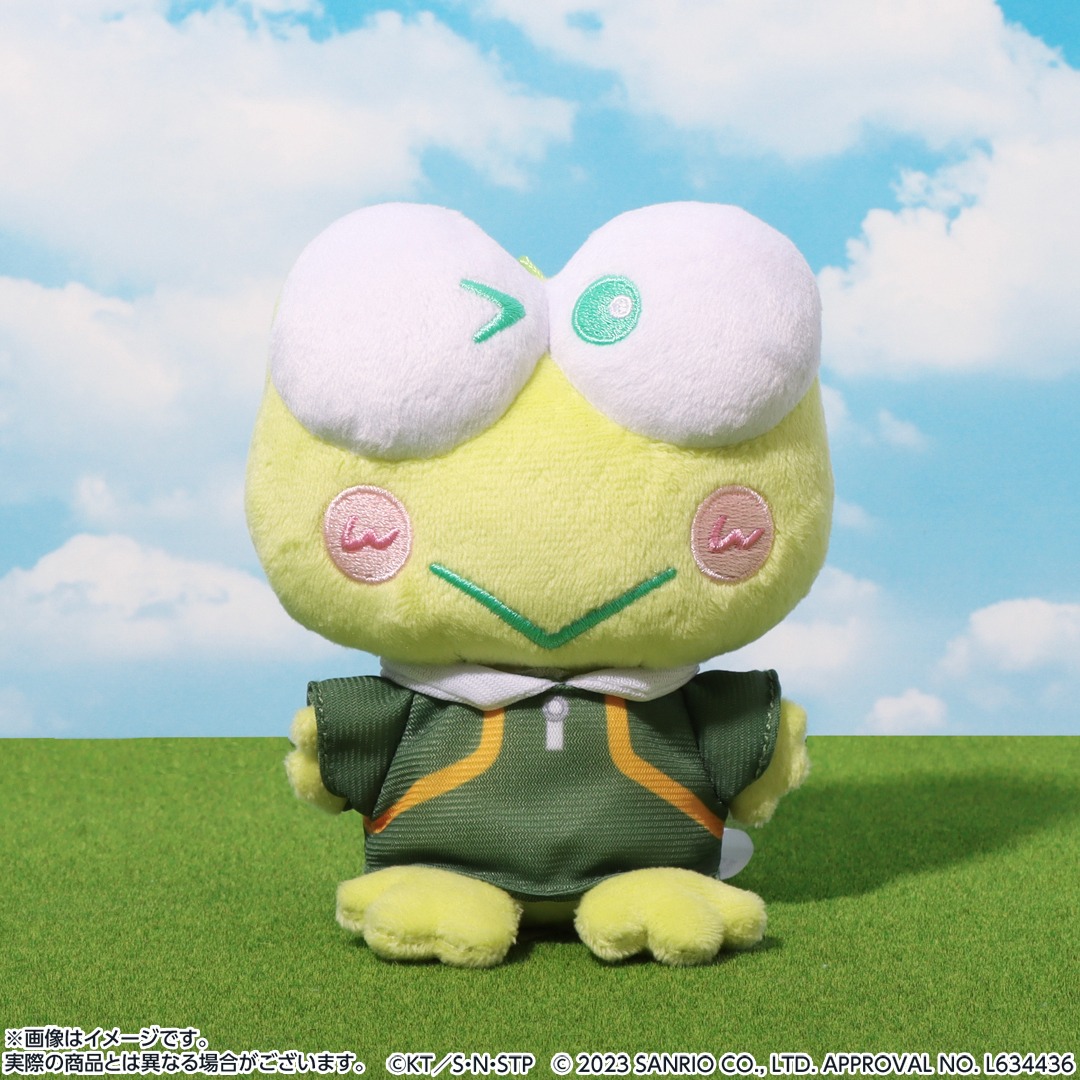 山吹中学校のユニフォームを着たけろけろけろっぴのぬいぐるみマスコット。