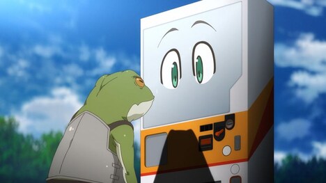 アニメ「自動販売機に生まれ変わった俺は迷宮を彷徨う」第1話の場面カット。