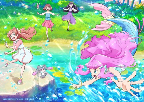 「映画プリキュアオールスターズF」より、「ましろ×あまね×ローラ×のどか＆ラビリン×プーカ」のスチール。