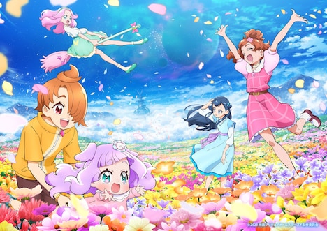 「映画プリキュアオールスターズF」より、「ツバサ＆エルちゃん×さあや×ことは×はるか」のスチール。