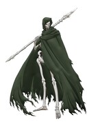 音斬りシャルク(CV:山寺宏一)。警めのタレンによってリチア新公国に招聘されたスケルトンの傭兵。音速を突破する絶速の機動力をもち、人智を超えた精度と威力の槍撃を繰り出す。性格は冷笑的かつ挑発的。 (c)2023 珪素/KADOKAWA/異修羅製作委員会