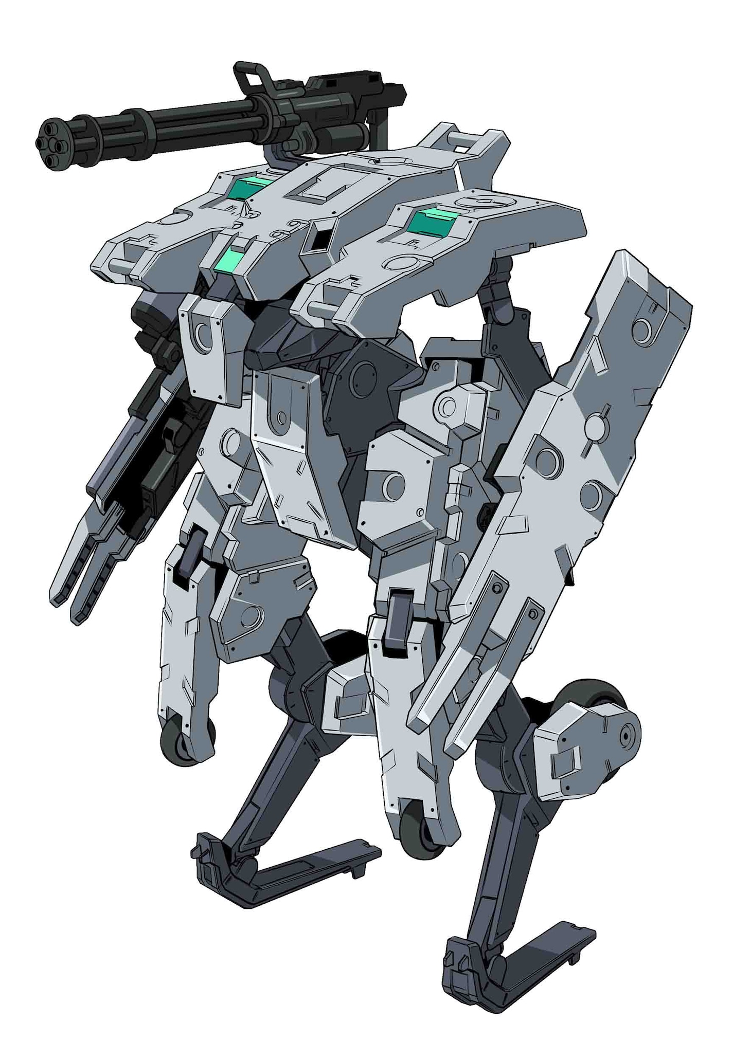 バンイップ・ジンガ―。オセアニア連合軍所属機。AMAIMの中でも大型の機体だが、脚部に付属した車輪を使い四輪での高速移動が可能。旧型機の弱点だった武装も強化しており、腕部シールドによって防御力が、ガトリングガン、フレイムスロワーにより攻撃力が向上している。 (c)2023 SUNRISE BEYOND INC.