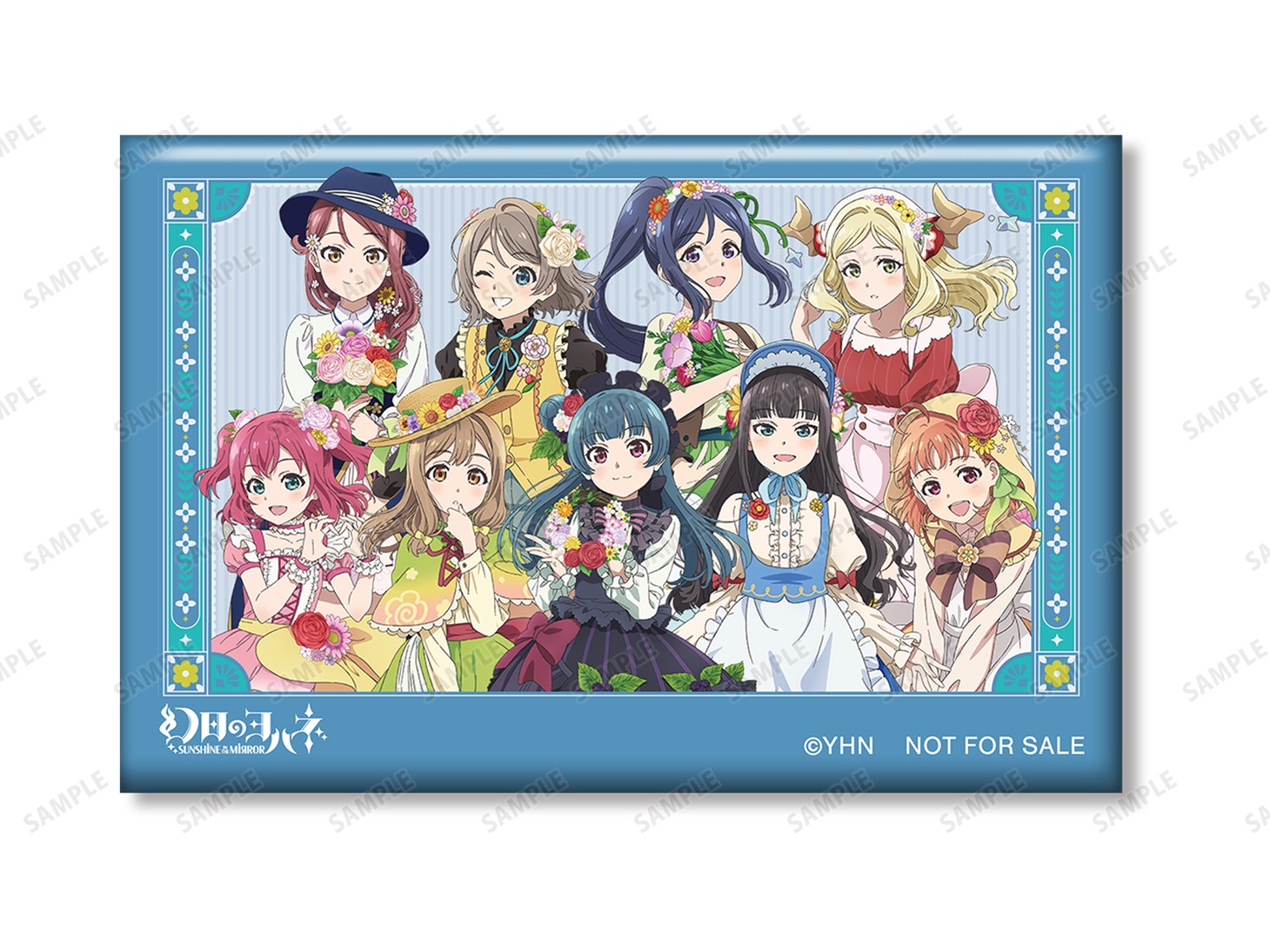 「トレーディンググリッター缶バッジ」1BOX購入特典の「描き下ろしイラスト 集合A 花祭り村娘ver. スクエア缶バッジ」。
