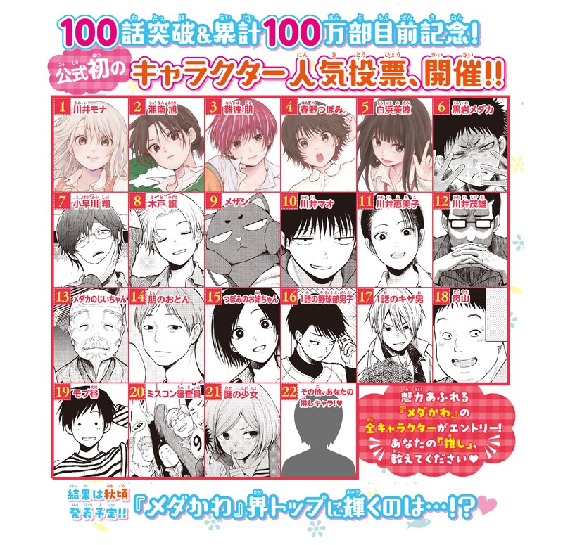 「黒岩メダカに私の可愛いが通じない」キャラクター人気投票の告知ページ。